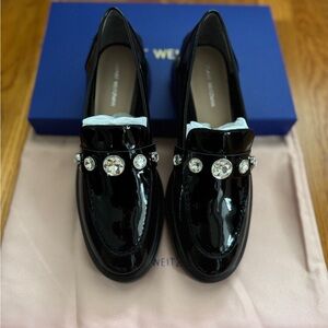 Brand New- Stuart Weitzman Black Patent Loafers with Crystal Accents
